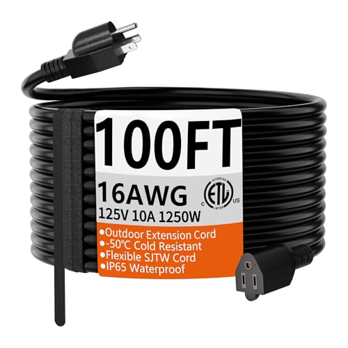HUANCHAIN 100 FT 16 Gauge Black Indoor Outdoor Extension Cord Waterproof, Flexible Cold Weather 3 Prong Electric Cord Outside, 10A 1250W 125V 16AWG SJTW, ETL Listed