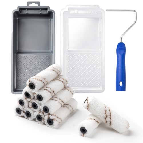 Mister Rui Paint Roller Kit, 16 Pack, 4 Inch Microfiber Paint Rollers, Small Paint Roller Covers, Disposable Paint Tray Liner and Frame, Mini Rollers for Painting Walls, Doors, Cabinets - size: 4 Inch,16 Pack