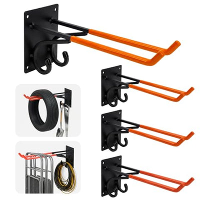 REEWII 14" Large Heavy Duty Garage Hooks, 4 Pack Double-Layer Steel Wall Hook,Non-Slip Coated Gardening Tool Hook for Tool Organization, Shed Storage, Ladder Hook, Car Tire Storage - size: 4 Pack