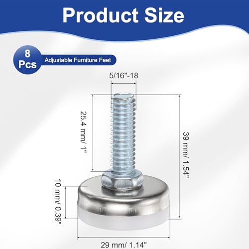 uxcell 5/16"-18 Thread Furniture Feet Levelers, 8Pcs 25.4x29mm LxW Adjustable Furniture Feet Screw in Threaded Leveling Leg Screw on Chair Foot Glides Leveling for Table Chair Silver - color: Silver, size: 5/16"-18 25.4x29mm