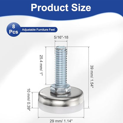 uxcell 5/16"-18 Thread Furniture Feet Levelers, 8Pcs 25.4x29mm LxW Adjustable Furniture Feet Screw in Threaded Leveling Leg Screw on Chair Foot Glides Leveling for Table Chair Silver - color: Silver, size: 5/16"-18 25.4x29mm
