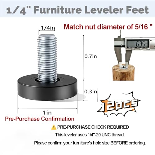 1/4" Thread Leveling Feet, 12 Pcs Adjustable Furniture Feet Threaded Screw in for Table, Cabinets, Chairs, Stool Legs - 1/4" Thread Size (Check Your Hole Before Order)