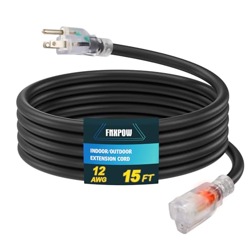 Indoor Outdoor Extension Cord, 12 Gauge 3 Prong Weatherproof Heavy Duty Black Extension Cord with Lighted Indicator End, SJTW 15A 15FT Extension Cable for Garage, Garden and Home, UL Listed - color: Black, size: 15FT