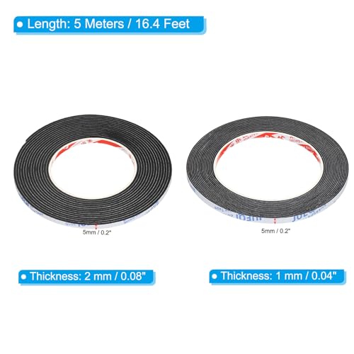 PATIKIL 5m/16.4ft Sealing Foam Tape, 2 Pack 5mm Wide 2mm/1mm Thick Single Sided Weather Stripping Door Furniture Seal Strip for Window Pipes Insulation, Black