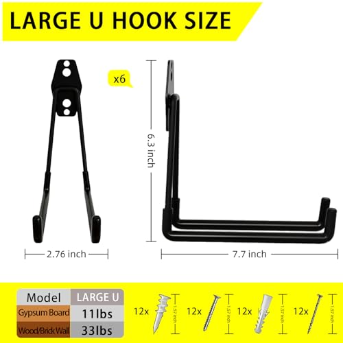 6 Pack Garage Hooks Heavy Duty with Anti-Slip Coating, Steel Utility Ladder Hooks for Hanging Garden Tools, Hoses, Ropes, Bikes and More (7.7in) - size: 7.7in