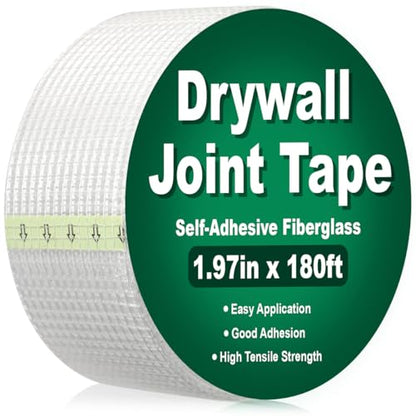 Drywall Joint Tape 1.97IN x 180 FT, Heavy-Duty Self-Adhesive Fiberglass Mesh Tape, for Wall Crack, Seam Patch Repair and Spackle wall Repair
