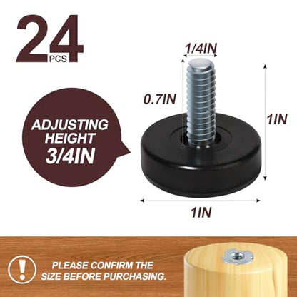 1/4'' Thread Furniture Feet Levelers, 24 Pcs, Black, Round, Adjustable, Screw-In, Supports 200 lbs, For Tables, Cabinets, Chairs & Stools
