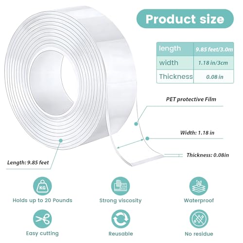 Double Sided Nano Tape Heavy Duty, Strong Sticky Extra Large (1.18in x 9.85Ft ) Removable Mounting Tape, Clear Multipurpose Wall Decor Adhesive Tape for Poster, Picture Hanging, Carpet, Photos Frames