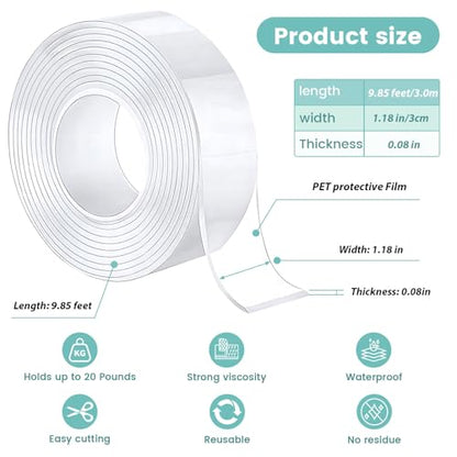 Double Sided Nano Tape Heavy Duty, Strong Sticky Extra Large (1.18in x 9.85Ft ) Removable Mounting Tape, Clear Multipurpose Wall Decor Adhesive Tape for Poster, Picture Hanging, Carpet, Photos Frames
