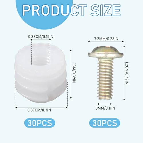 30 Set Furniture Fasteners, Plastic Hinge Dowel Inserts with Stainless Steel Screws for Cabinet Door Repair, Easy Installation Kit for Kitchen Cabinet Hinges Replacement and Drawer Fix