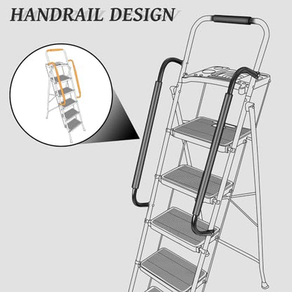 BLACKHORSE-RACING 5 Step Ladder with Handrails & Tool Tray Platform, 330 lbs Folding Step Stool Ladder, Portable Steel Ladder for Kitchen Pantry Home Office Library, White