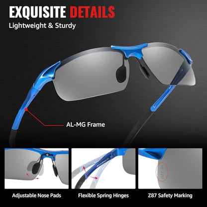 TJUTR Mens Photochromic Sunglasses Day & Night Driving Z87 Sun Glasses Polarized UV400 Protection Safety Glasses - color: B Blue/Z87 Photochromic Polarized Safety Lens