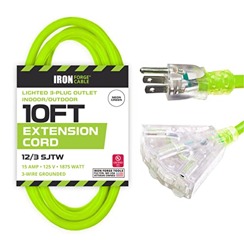 Iron Forge Cable 10 Foot Lighted Outdoor Extension Cord with 3 Outlets - 12/3 SJTW Heavy Duty Light Green Extension Cable 3 Prong - Multiple Outlets - color: Neon Green, size: 10 Foot