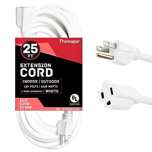 Thonapa 25 ft White Extension Cord 3 Prong for Indoor & Outdoor, 13 Amp White Outdoor Extension Cord 25 Foot, 16 AWG Electrical Cable SJTW for Landscaping, Lawn, Lamp, Home & Office - US Veteran Owned - color: White, size: 25 Foot