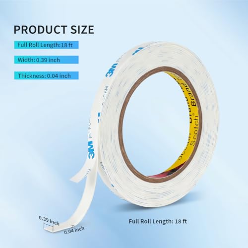 3M 1600T Double Sided Tape, PE Foam Tape 0.39" x 18 Ft White Removable Strong Adhesive No Residue for RV Picture Hanging, Posters Frames Wall Decor Indoor & Outdoor Use - size: 0.39" x 18Ft