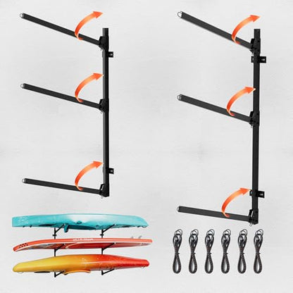 Kayak Wall Mount Rack, 45.3" Heavy Duty Canoe Storage Brackets, Foldable Space Saving Hanger, 304 Stainless Steel for Outdoor & Indoor, Fits SUP/Paddle Board(Black, 2-Tier) - size: H45.3"-2Kayaks-Wall Mount