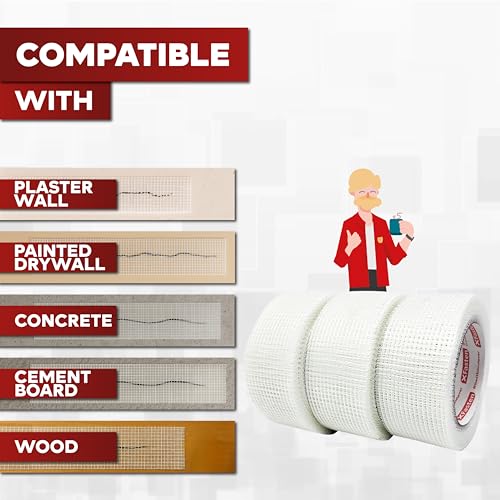 XFasten Drywall Tape Self Adhesive (3-Pack 270ft Total) Heavy-duty Fiberglass Drywall Mesh Tape for Dry Wall Repair, Joint Mesh Sealer, Patch Holes, and Sheetrock Seam Stress Cracks - 2-Inch x 90-Feet - size: 2-inches X 90-feet (3-pack)