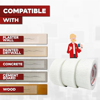 XFasten Drywall Tape Self Adhesive (3-Pack 270ft Total) Heavy-duty Fiberglass Drywall Mesh Tape for Dry Wall Repair, Joint Mesh Sealer, Patch Holes, and Sheetrock Seam Stress Cracks - 2-Inch x 90-Feet - size: 2-inches X 90-feet (3-pack)