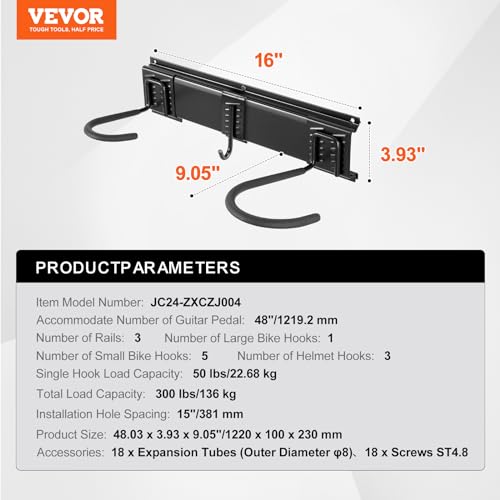 VEVOR Bike Storage Rack, 6 Bike Racks and 3 Helmets Hooks, Wall Mount Bike Storage Hanger, Home & Garage Organizer, Customizable for Various Bike Sizes, Adjustable Holder, Holds Up to 300 lbs, 48-inch - size: 48 Inch