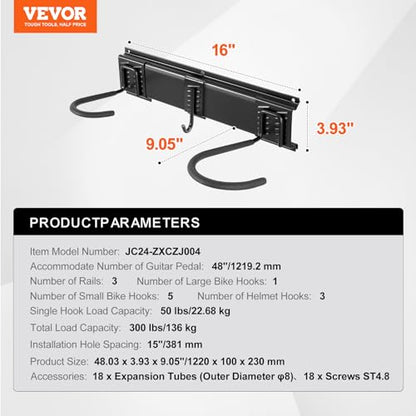 VEVOR Bike Storage Rack, 6 Bike Racks and 3 Helmets Hooks, Wall Mount Bike Storage Hanger, Home & Garage Organizer, Customizable for Various Bike Sizes, Adjustable Holder, Holds Up to 300 lbs, 48-inch - size: 48 Inch