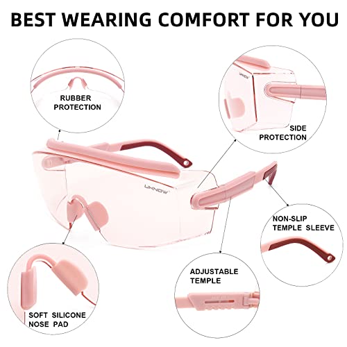 UKNOW Safety Goggles Over Glasses, Safety Glasses Anti Fog Wraparound Eye Protection, Protective Eyewear ANSI Z87.1 - color: Pink (Slightly Tinted)