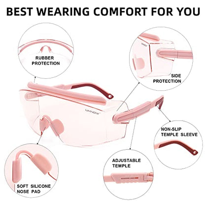UKNOW Safety Goggles Over Glasses, Safety Glasses Anti Fog Wraparound Eye Protection, Protective Eyewear ANSI Z87.1 - color: Pink (Slightly Tinted)