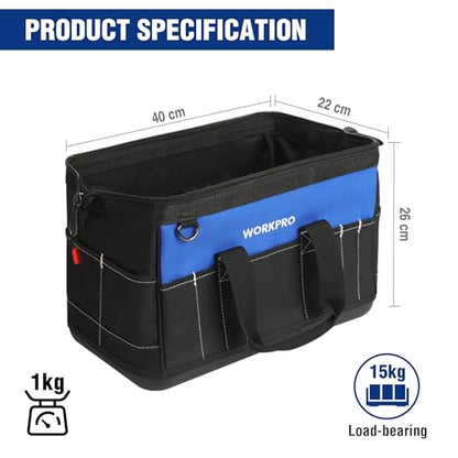 WORKPRO 16-inch Wide Mouth Tool Bag with Water Proof Molded Base - color: Black&Blue