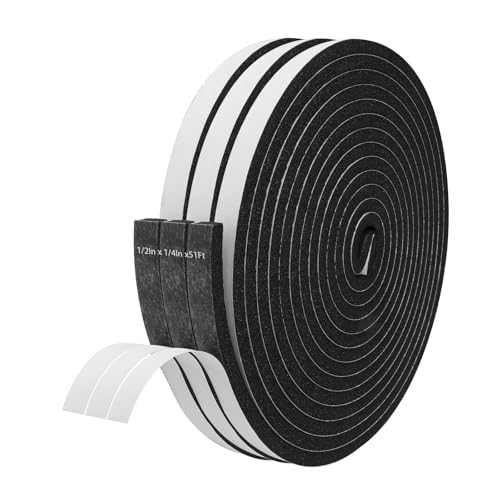 Storystore Weather Stripping Door Seal Strip, 1/2In x 1/4In x 51FT Self Adhesive Foam Tape for Door Window Insulation Soundproofing Weatherstrip, High Density Foam Seal for Doors Windows Furniture - size: 1/2In x 1/4In x51Ft