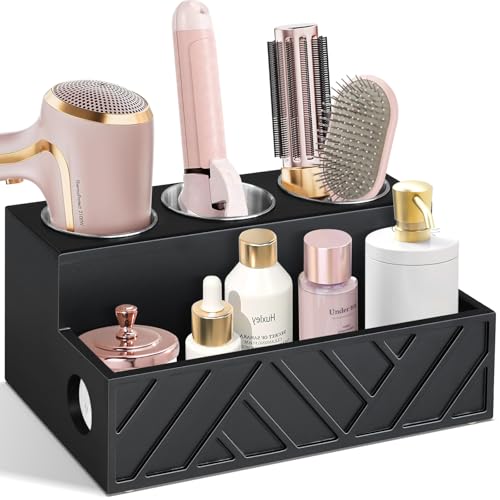 Unistyle Hair Tool Organizer, Wall Mounted, Bathroom Countertop, Vanity Organizer, Black, Wooden, Rectangular, Rustic, Art, 7.1 x 5.3 x 5.3 Inches, Paulownia Wood & Stainless Steel, 1.87 Pounds - color: Carving-Black