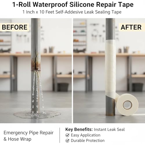 1-Roll Waterproof Silicone Repair Tape, 1 Inch x 10 Feet Self-Adhesive Leak Sealing Tape for Water Pipes, Emergency Pipe Repair & Hose Wrap