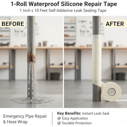 1-Roll Waterproof Silicone Repair Tape, 1 Inch x 10 Feet Self-Adhesive Leak Sealing Tape for Water Pipes, Emergency Pipe Repair & Hose Wrap