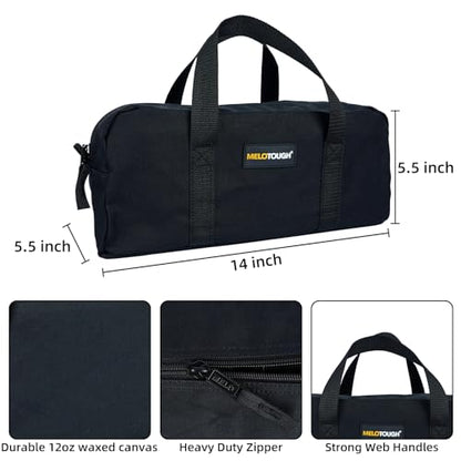 MELOTOUGH Waxed Canvas Utility Tool Tote bag Combo Kit-Includes 2 Medium Tool Organizer Bags for Electrician, Plumbing, Gardening, HVAC & More (14 inch,Tan&Black) - color: Black & Tan