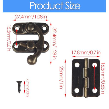 Small Antique Bronze Jewelry Box Hardware Kit, 2 Sets Right Latch Hook Hasp with 4 Hinges & Screws for Wood Chest, Gift Box, Cabinet, Craft Project
