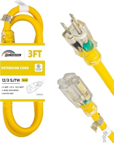 Extension Cord Weatherproof with Lighted End, UL Listed, 12 Gauge 3FT Yellow 3 Prong Heavy Duty, 12/3 SJTW 15A Power Cord for Lights, Lawn - size: 3ft, style: 12/3