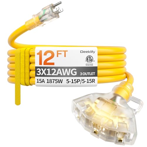 12 ft 12 Gauge Heavy Duty 3 Outlet Extension Cord Splitter with Indicator, Waterproof Outdoor Extension Cord with Multiple Outlets, 15A 1875W for Garden, ETL Listed, Flexible Yellow SJTW - size: 12FT