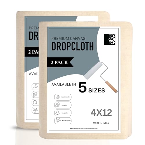 Top Cotton Canvas Drop Cloth 2Pcs, Reusable Paint Drop Cloth, 100% Recycled Cotton Canvas Tarp Cover for Painter, Furniture, Floor Protection, All Purpose Painters Dropcloth for Christmas DIY (4X12FT) - size: Pack of 2 - 4' x 12'