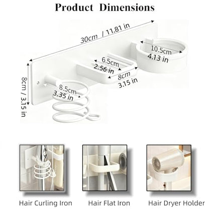 Hair Dryer Holder Wall Mounted Blow Dryer Holder Curling Iron Holder Straightener Holder 3 in 1 Bathroom Metal Hair Tool Organizer Rack（White） - color: White