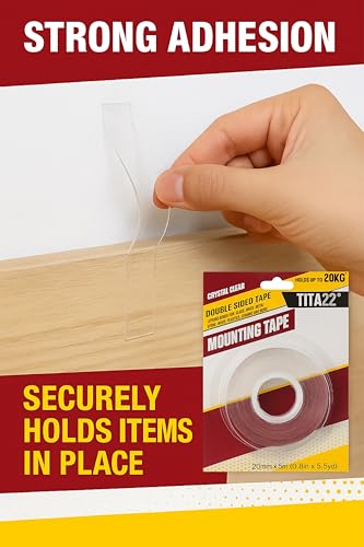 Double Sided Sticky Tape – 0.8 inch Wide, 16.4 ft Long, TITA22™ Clear Mounting Heavy Duty, Strong Adhesive, Removable & Residue-Free, Sticky Tape for Walls, Glass, Metal, Wood & More (16.4 FT)