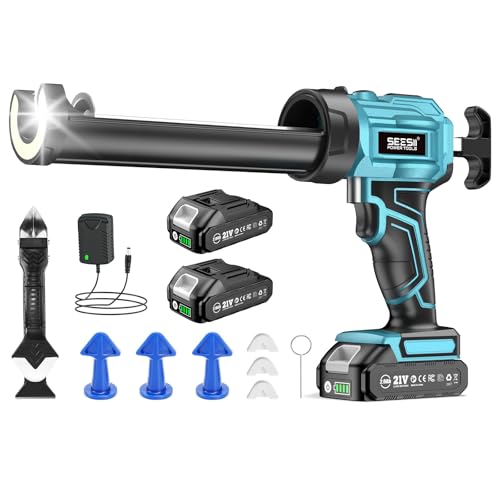 SEESII Cordless Caulking Gun, 21V Battery Powered Caulk Gun, Electric Caulking Gun w/2 x 2.0Ah Batteries, 9Pcs Caulk Remover Tool, LED Light, Auto Retract for Filling, Sealing - color: Brushed-sea Blue