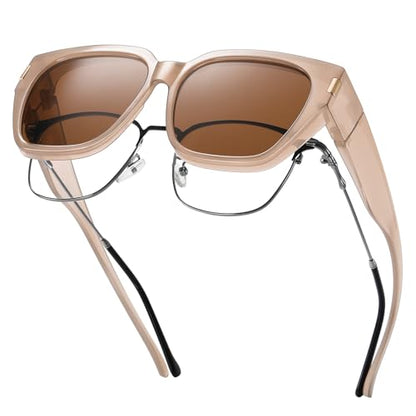 HAOLOTA Polarized Fit Over Glasses Sunglasses for Women Men Trendy Square Wrap Around Shades UV Protection - color: L Size 06 Cream Brown/Brown