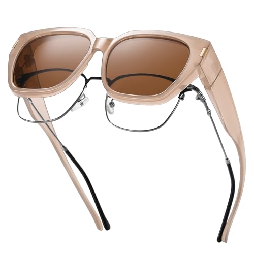 HAOLOTA Polarized Fit Over Glasses Sunglasses for Women Men Trendy Square Wrap Around Shades UV Protection - color: L Size 06 Cream Brown/Brown