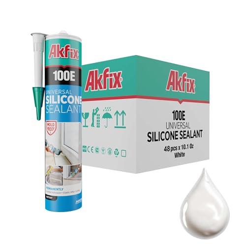 Akfix 100E RTV White Silicone Caulk (48x10.1 fl.oz.) - 100% Waterproof Silicone Sealant for Kitchen and Bathroom, Shower, Toilet, Sink, Window and Door, No Yellowing | White, 48 Pack - color: White, size: 48 Pack