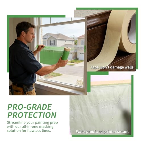 Thickened Pre-Taped Masking Film, Masking Tape Painters Plastic, Paint Protection Film Masking Master for Auto Body Walls Furniture, 22" x 66'(2 Rolls) - size: 22in x 66ft