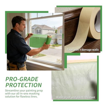 Thickened Pre-Taped Masking Film, Masking Tape Painters Plastic, Paint Protection Film Masking Master for Auto Body Walls Furniture, 22" x 66'(2 Rolls) - size: 22in x 66ft