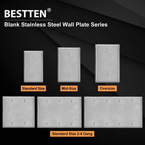 [5 Pack] BESTTEN 1-Gang Midsize Blank Metal Wall Plate, Midway No Device Metal Outlet Cover, Durable Corrosion Resistant, H4.86” x W3.12”, Brushed Finish, Silver - size: Blank Midsize
