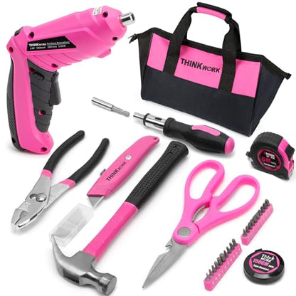 THINKWORK 41 Piece Pink Tool Set - Lady's Hand Tool Set with 3.6V Rotatable Electric Screwdriver, Home Repairing Tool Kit for Women with Large Mouth Open Tool Bag, Perfect for Home DIY, Daily Use - style: Wide Mouth Bag