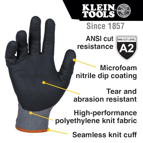 KLEIN TOOLS 60584 Work Gloves, Knit Dipped Cut Resistant ANSI A2 Nitrile Coated Gloves, HPPE Fabric, Touchscreen Capable, Medium, 2-Pair - size: Medium
