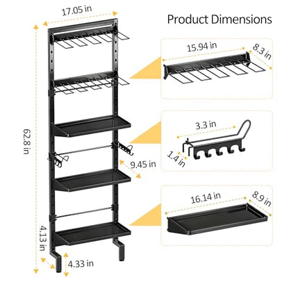 BUKFEN Garage Tool Storage Rack, Wall Mount 5-Tier Heavy Duty Metal Organizer with 8 Drill Holder Slots, Adjustable Shelves, Side Hooks Workshop Utility 1 Pack Black Vertical Space-Saving Organization