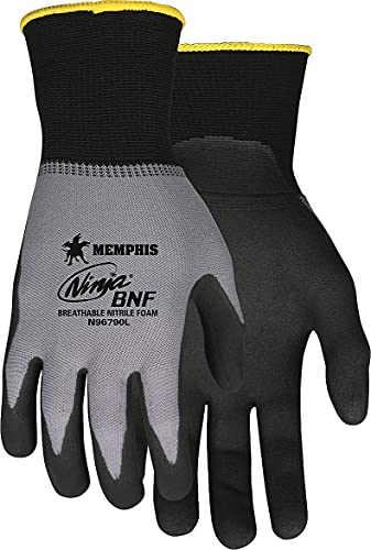MCR Safety Gloves N96790XL Ninja BNF 15 Gauge Work Gloves, Nylon/Spandex Shell with NFT Coated Palm & Fingertips, Black/Grey, XL - size: X-Large