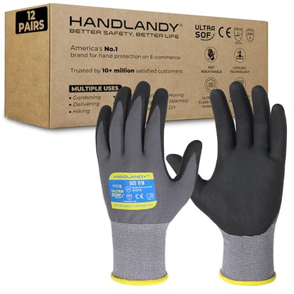 HANDLANDY 6 Pairs Safety Work Gloves with MicroFoam Nitrile Coated - Breathable Nylon Gloves with Grip for Men & Women - size: 7/Small, style: 12 Pairs - Gray
